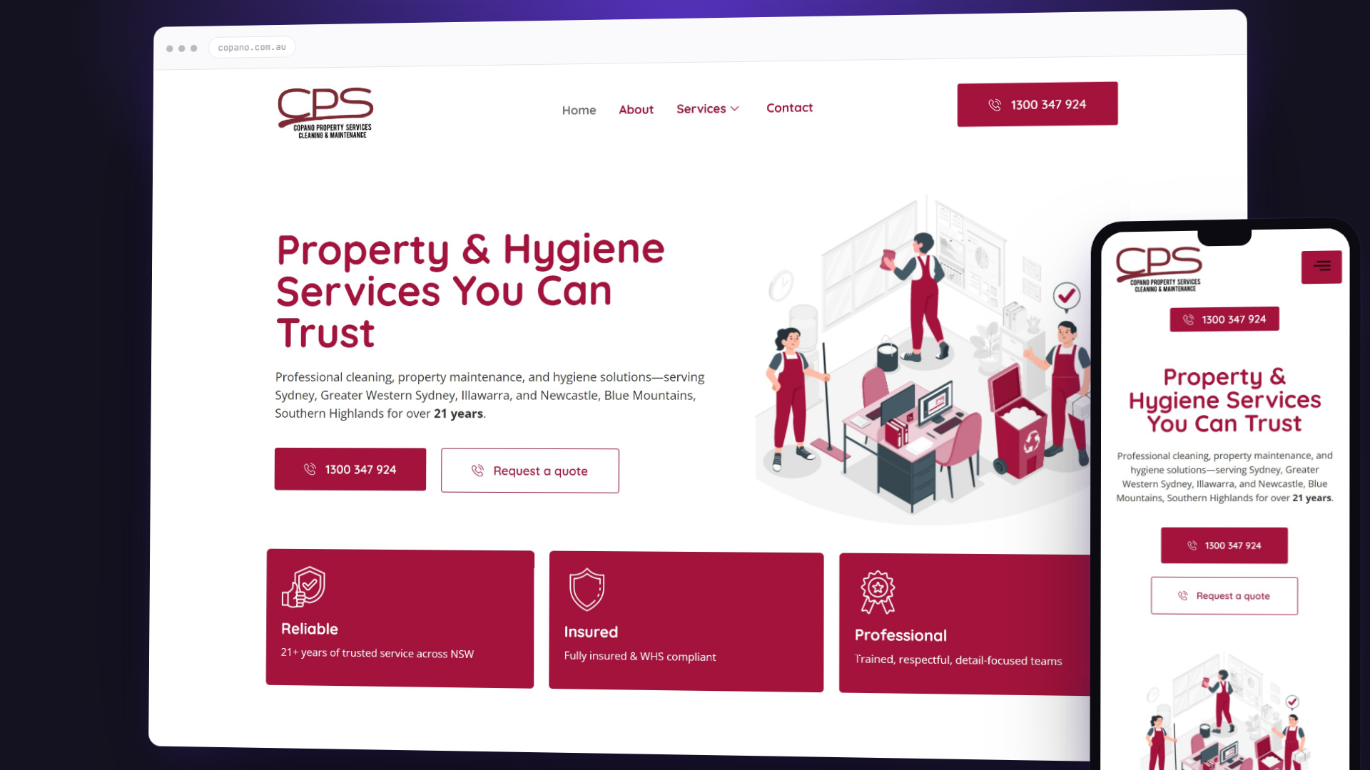 Desktop and mobile preview of the Copano Property Services website