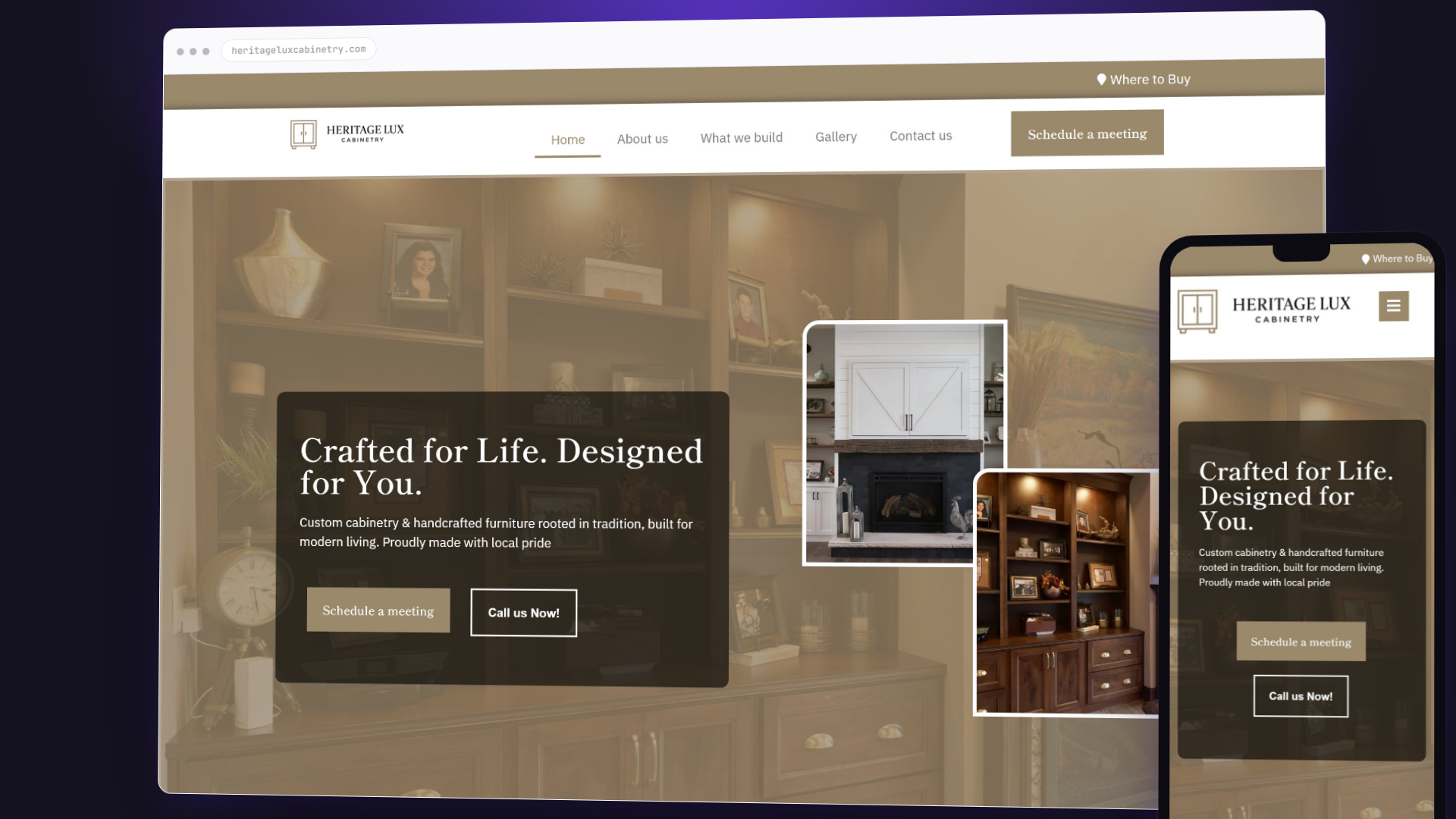 Desktop and mobile preview of the Heritage Lux Cabinetry website