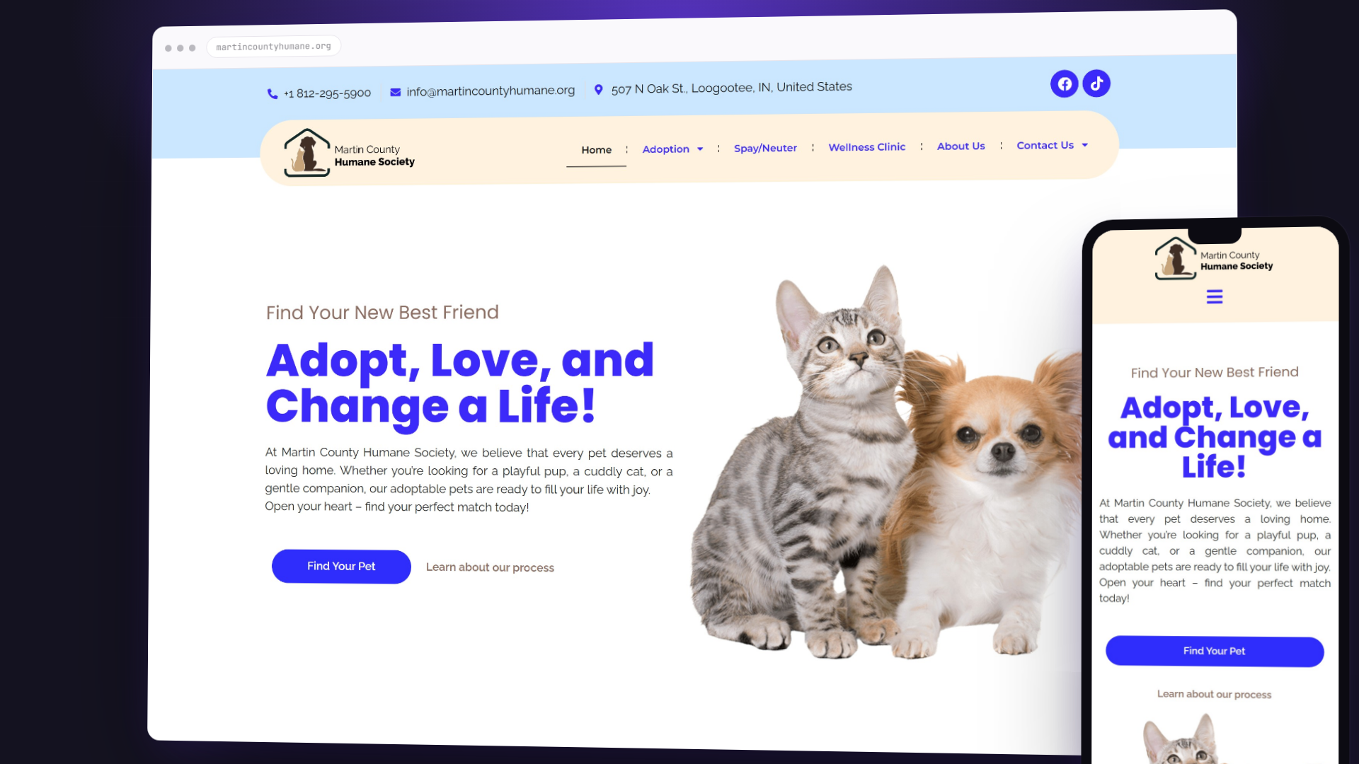 Desktop and mobile preview of the Martin County Humane Society website