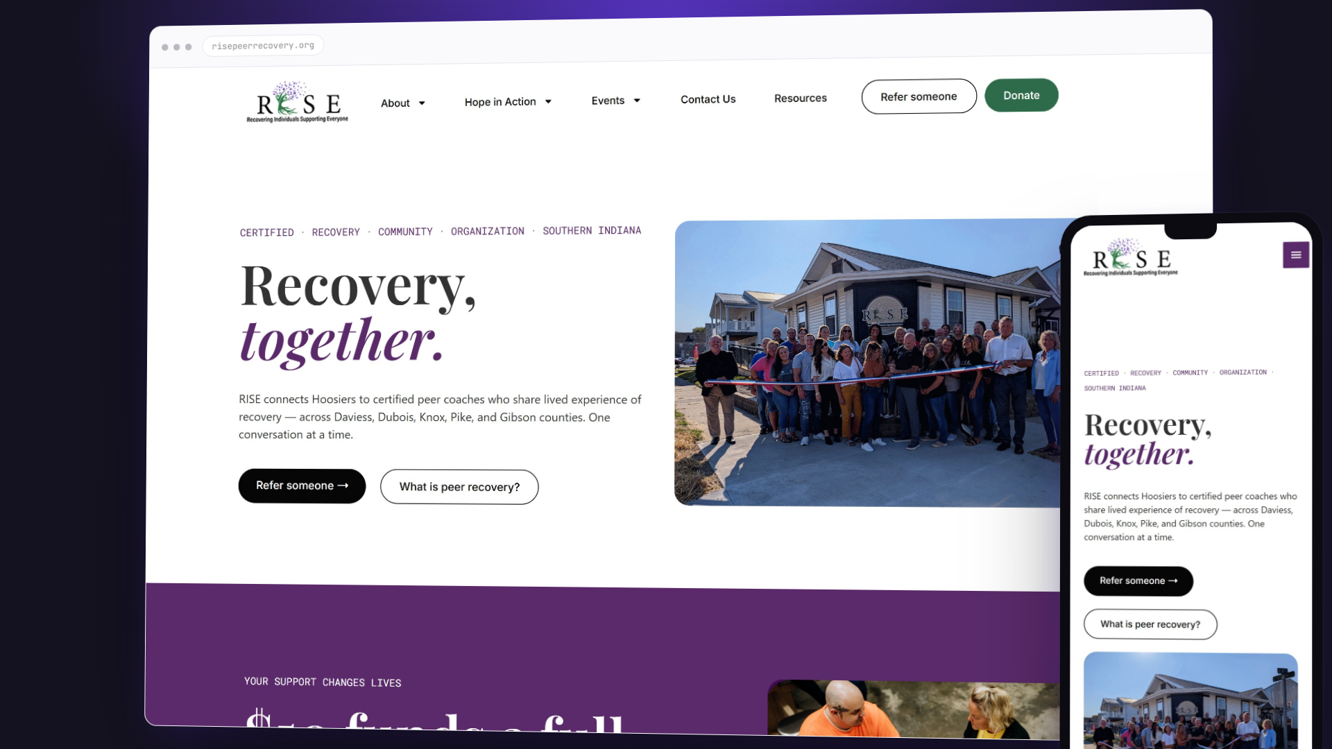 Desktop and mobile preview of the RISE Peer Recovery website