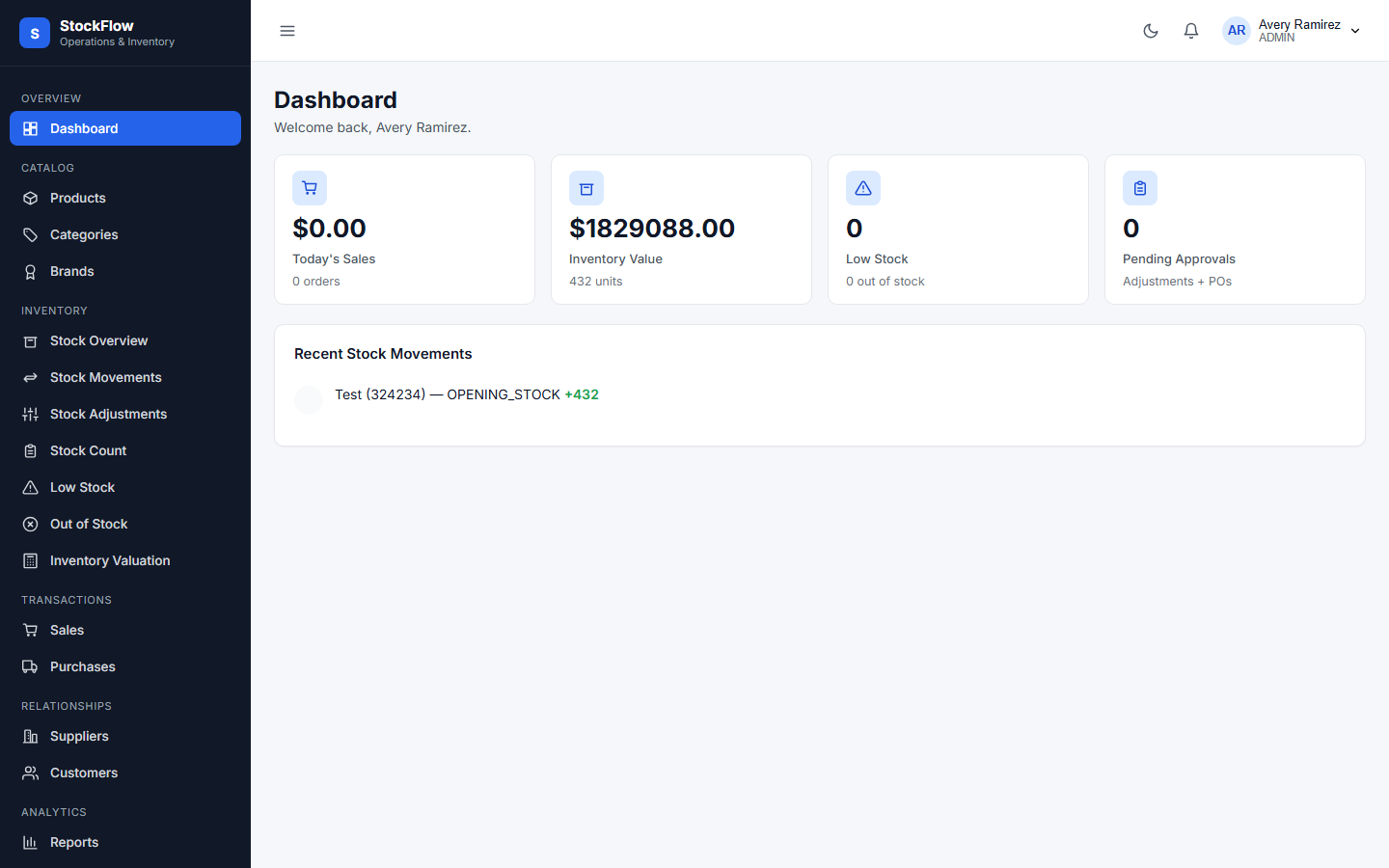 StockFlow dashboard screenshot
