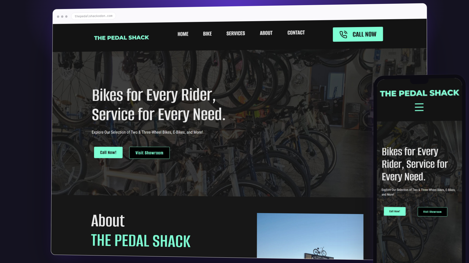 Desktop and mobile preview of the The Pedal Shack website